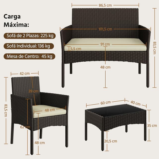 Thumbnail 2 de Yaheetech Conjunto de Muebles Ratán de Jardín 4 Piezas