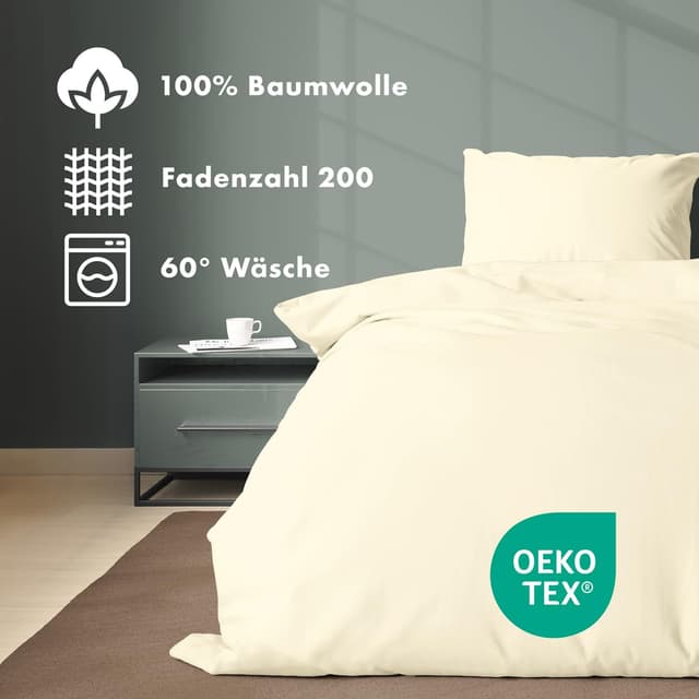 Detalle de JACOBSON Bettwäsche-Set 135x200 (Perkal, 100% Baumwolle) mit Kissenbezug 80x80, 2-teilig, Natur