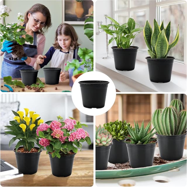 Detalle 2 de KINGLAKE 50 black 10cm plastic plant pots + 100 white plant labels set for seedlings and cuttings