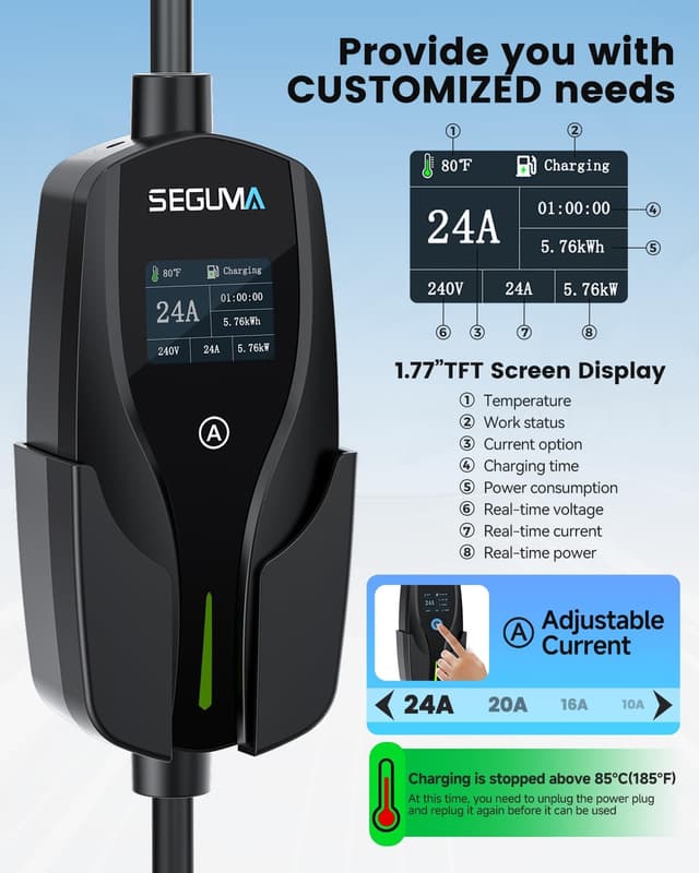 Detalle 2 de SEGUMA Level 2 EV Charger with NEMA 10-30 Plug, 24A 240V (10–24A Adjustable), 25FT J1772 Portable Dryer-Outlet Charger