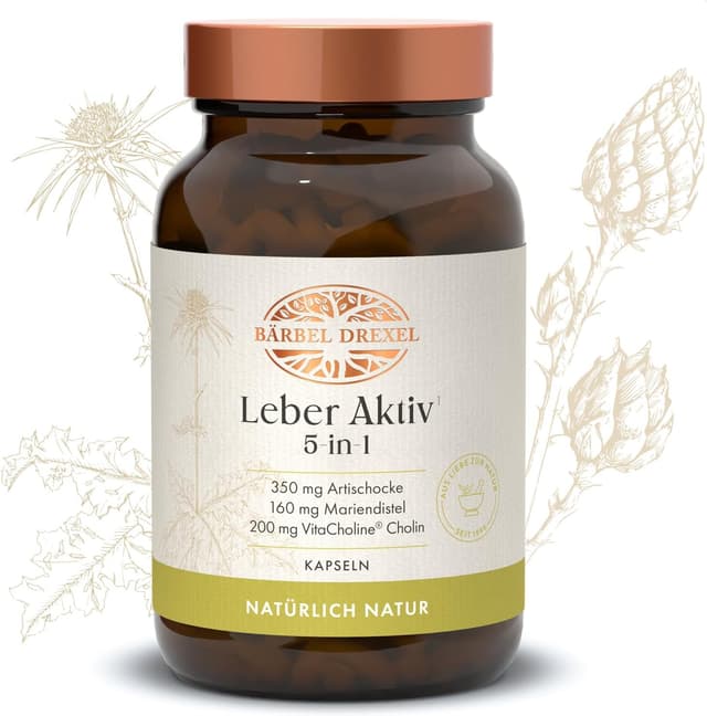 Detalle de BÄRBEL DREXEL Leber Aktiv 5-in-1 Kapseln (60 Stück) mit Cholin, Mariendistel, Löwenzahn, Artischocke, Piperin, Zink, Selen & Vitamin E