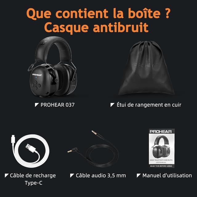 Detalle 2 de Casque anti-bruit PROHEAR 037 Bluetooth 5.4 rechargeable (SNR 30 dB) avec sac de transport – Noir