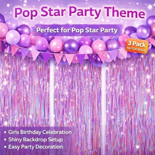 Detalle de Melsan 3-Pack Tinsel Fringe Curtain Backdrops for Easter, Pinkish Purple (Photo Booth & Party Decor)