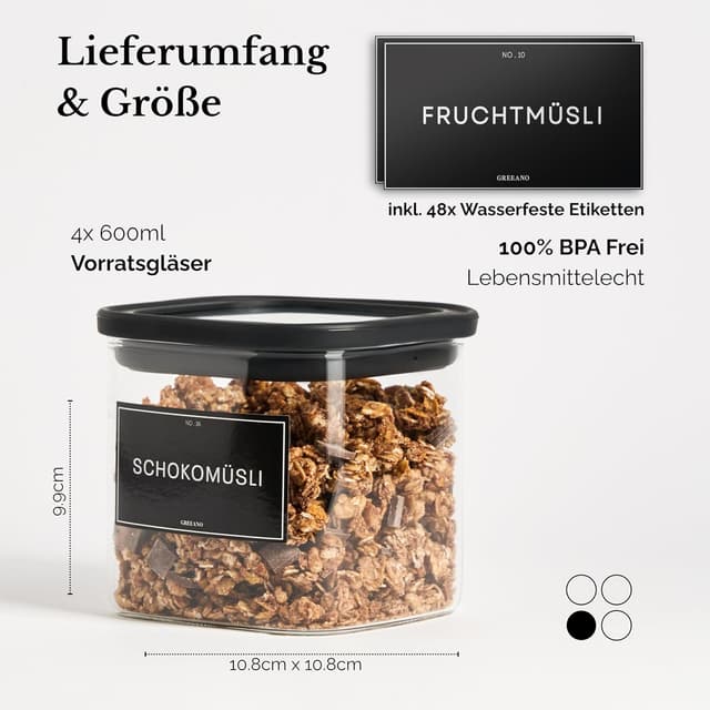 Detalle 2 de Greeano Vorratsgläser eckig 600ml 4er Set