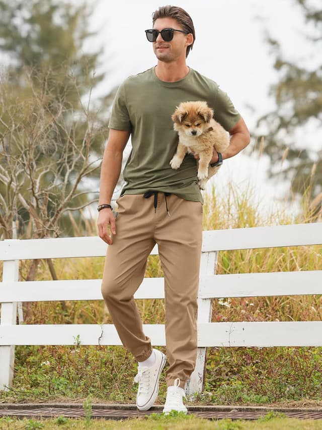 Detalle de PLEPAN Men’s Casual Cargo Joggers — Cotton Drawstring Chino Pants with Twill Stretch