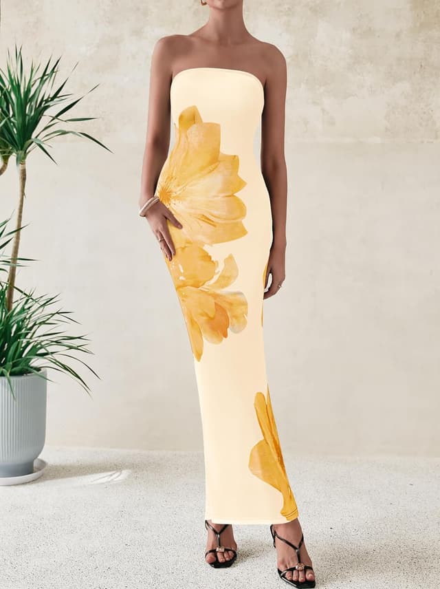 Detalle de PRETTYGARDEN Women’s Strapless Floral Maxi Dress (Mesh, Bodycon, Slit)