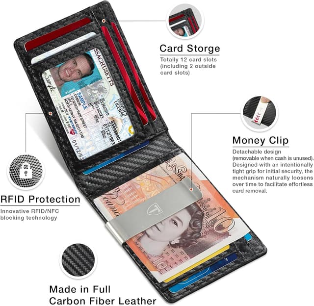 Detalle 2 de Tomylv Men’s Slim RFID Blocking Carbon Fibre Wallet with 12 Card Slots, Money Clip & ID Window (Black)