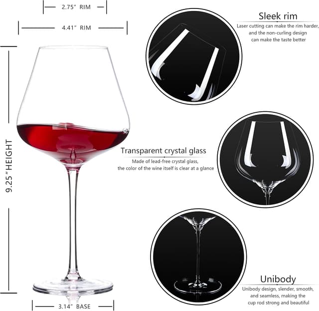 Detalle de BACLIFE Hand Blown Red Wine Glasses Set of 4 (23 oz) – Long Stem Burgundy Crystal