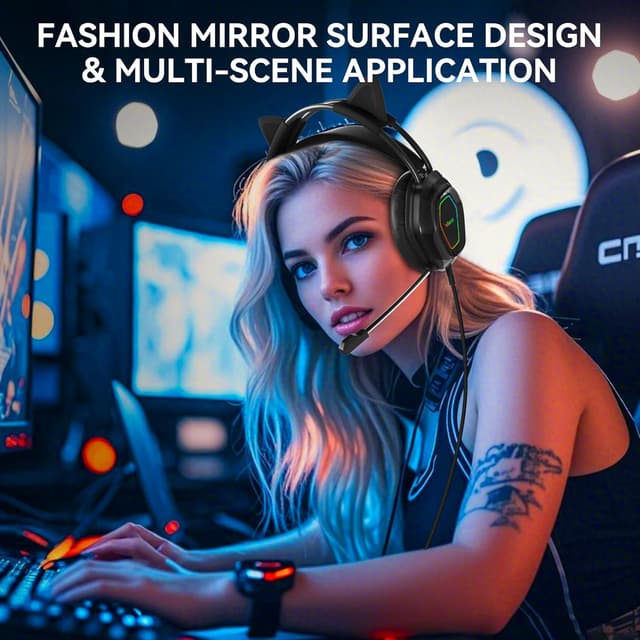 Detalle de Wantek Wantak Katzenohr-Kopfhörer mit Mikrofon (kabelgebunden) – Gaming-Headset für PC, PS5 & Xbox