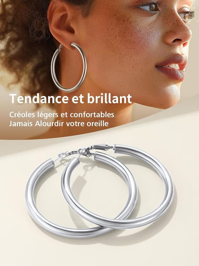 Detalle de FindChic Créoles en acier inoxydable pour femme – boucles huggie argenté/doré/noir (20/30/40/60/80 mm)