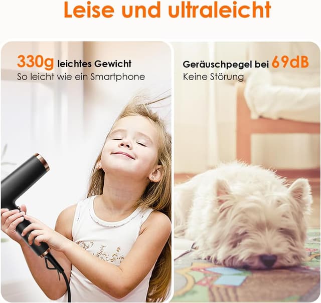 Detalle de Faszin Haartrockner leichter Föhn mit 110.000 RPM bürstenlosem Motor, 200 Mio. Ionen und LED-Anzeige (Schwarz)