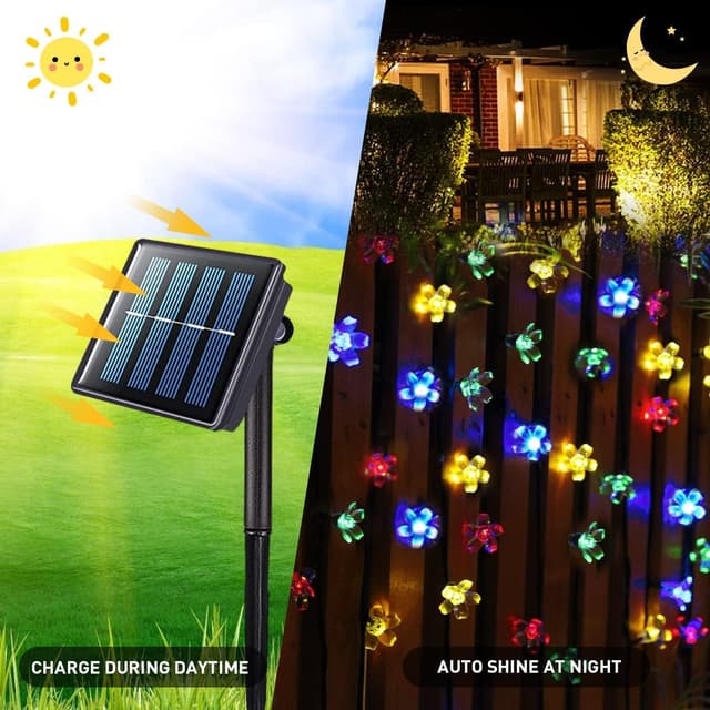 Detalle de Qedertek Solar-Lichterkette außen 7 m mit 50 bunten Blüten-LEDs (IP65, 8 Modi, 800 mAh)
