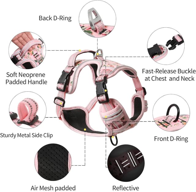 Detalle 2 de HEELE Dog Harness Large (No Pull, Reflective, Padded) – Floral-Pink, Size L
