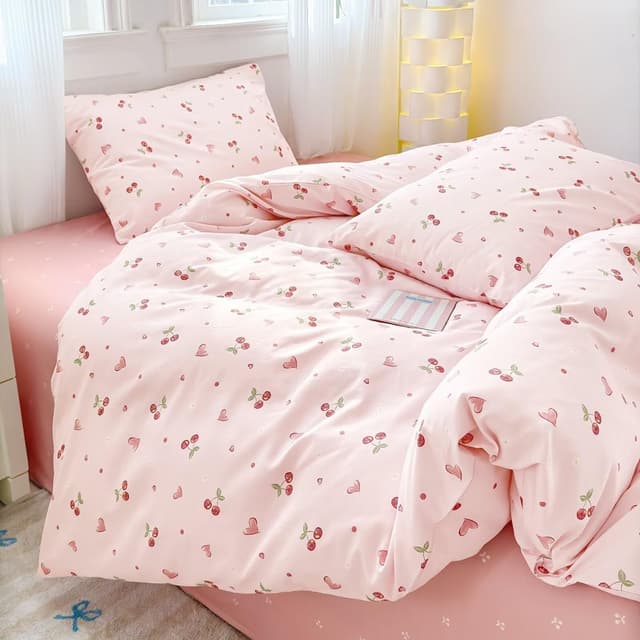 Detalle de AShanlan Bettwäsche-Set aus Baumwolle 155x220 Rosa mit Kirschen & Herzen (mit Reißverschluss) – 1x Bettbezug + 1x Kissenbezug 80x80