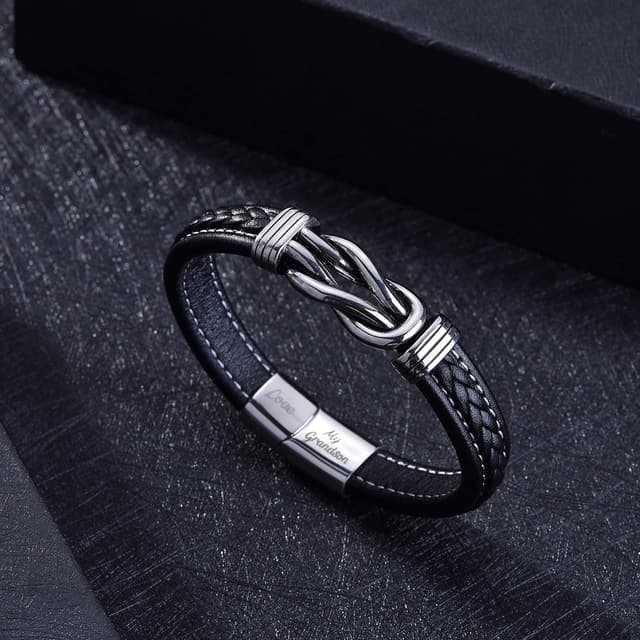 Detalle de To My Grandson leather bracelet with engraving and stainless steel clasp – braided gift for Christmas, birthdays and more