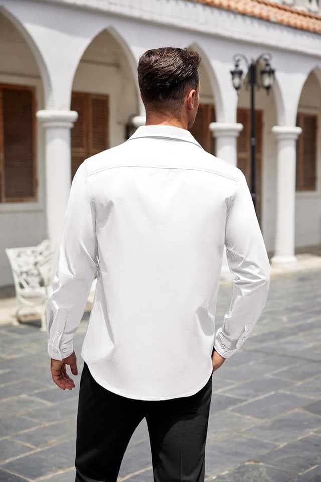 Detalle de COOFANDY Chemise homme unie à manches longues extensible, col Kent et poche poitrine