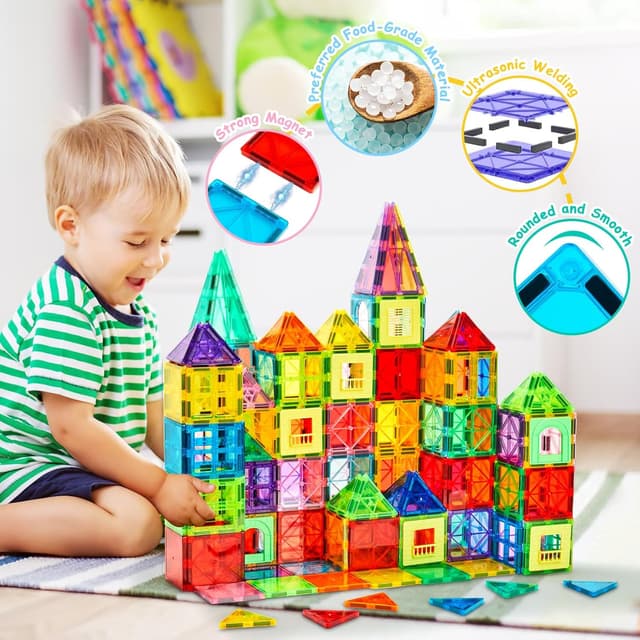 Detalle de Dopyye 132-Piece Magnetic Tiles Building Blocks Set with 2 Rolling Cars (STEM Montessori Toy for Ages 3–9)