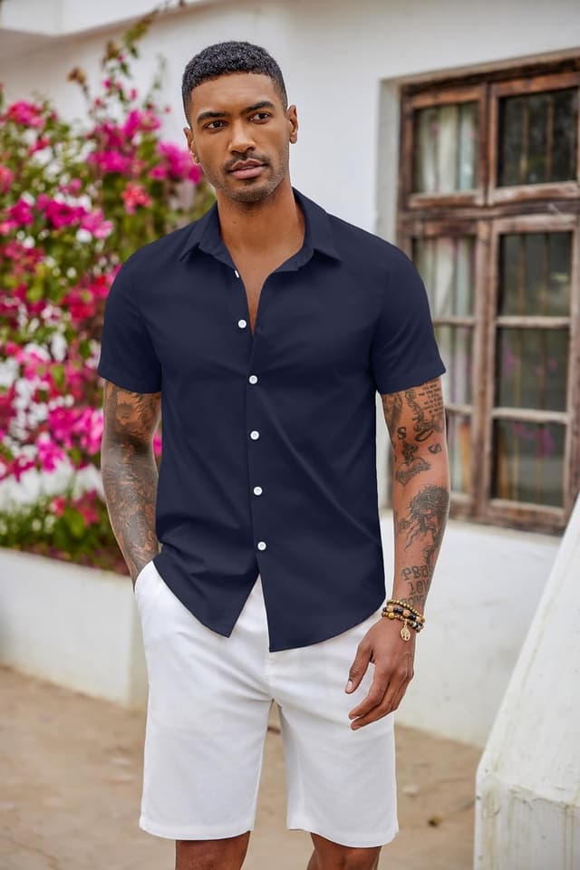 Detalle de COOFANDY chemise à manches courtes homme, coupe ajustée infroissable et extensible, style habillé-décontracté pour l’été