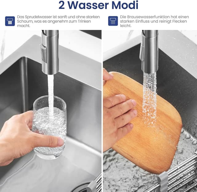 Detalle de CECIPA Küchenarmatur mit ausziehbarer Brause und 2 Strahlfunktionen, Edelstahl (gebürstet)