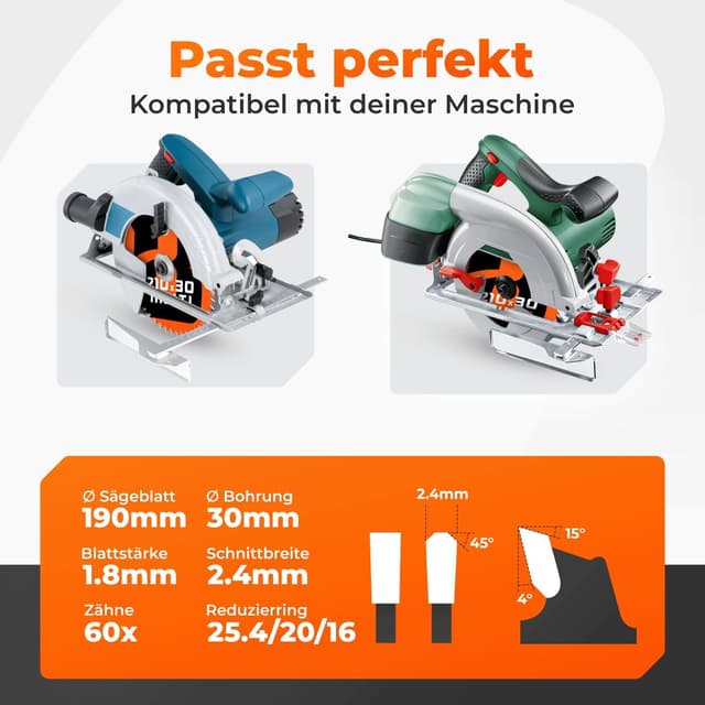 Detalle 2 de BAUBECK Sägeblatt 190x30 für Feinschnitt – inkl. Reduzierringe (20 mm/16 mm) für Holz, Aluminium, Metall & mehr