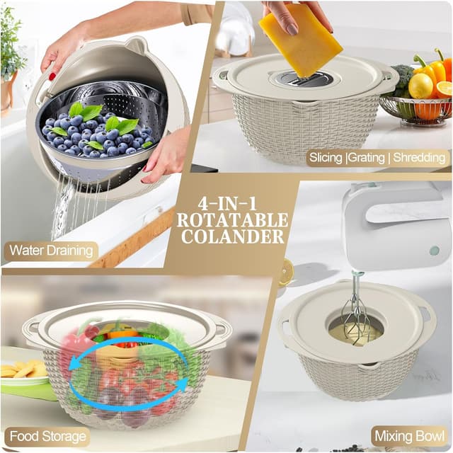Detalle de 4-1 Colander with Bowl Set (Rotatable) — Stainless Steel + Grater Attachments for Kitchen Prep