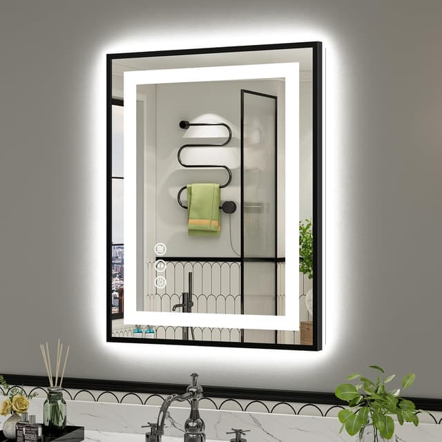 Detalle de Briivue 24x32 LED Bathroom Mirror (Black Frame) with Dual Lighting, Anti-Fog, Dimmable + Memory