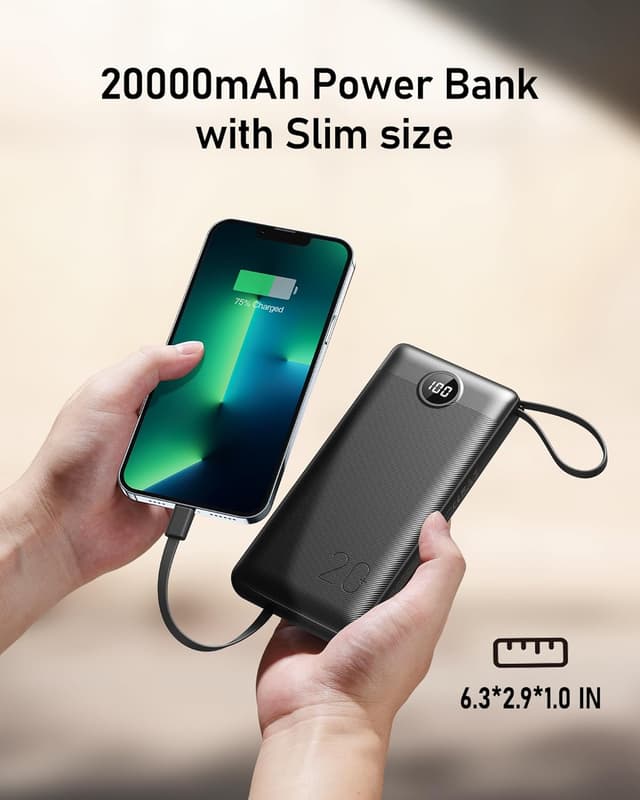 Detalle de VEEKTOMX Power Bank 20000mAh con cavi integrati, 5 uscite (3 cavi + USB-A + USB-C) e display LED