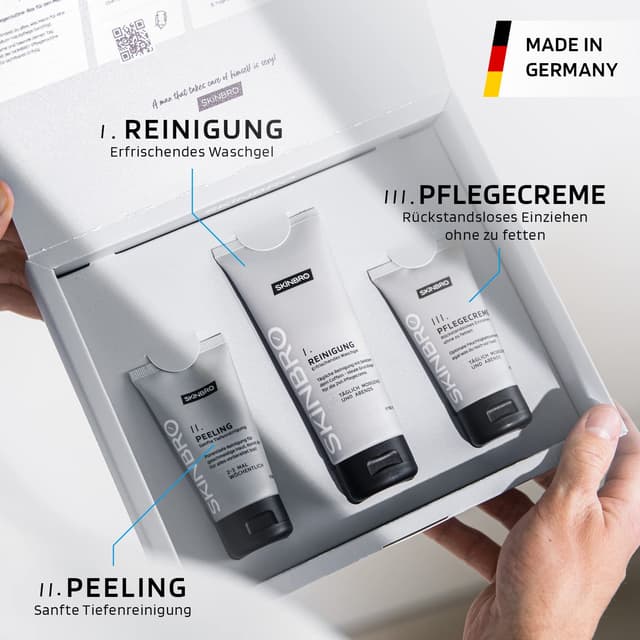 Detalle de SKINBRO Männer Gesichtspflege-Set (3 Schritte) – Reinigung, Peeling & Koffein-Gesichtscreme, vegan, Made in Germany