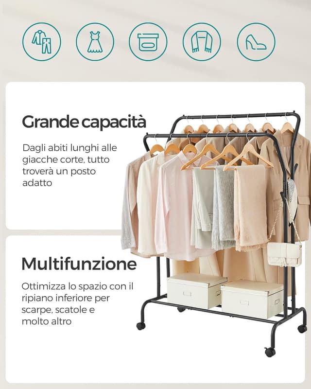 Detalle de SONGMICS Stand Appendiabiti Doppio HSR107B01 con ruote, doppia barra e struttura in acciaio (fino a 100 kg)