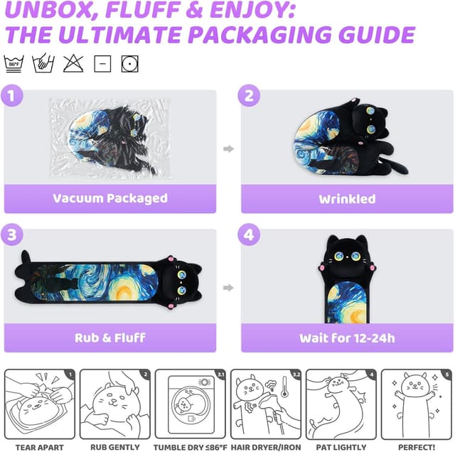 Detalle 2 de Mewaii 44” Long Cat Plush Body Pillow (110 cm) – Cute Black Cat Kawaii Plush