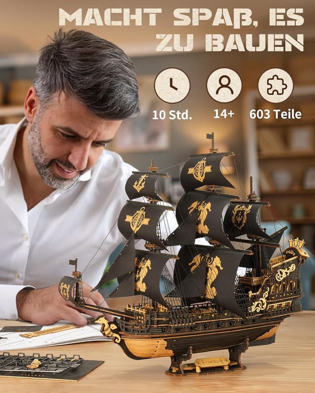 Detalle de ROKR 3D Puzzle Holzbausatz The Seahorse Barque (MCB02) – Boot-Modell zum Selberbauen ohne Klebstoff