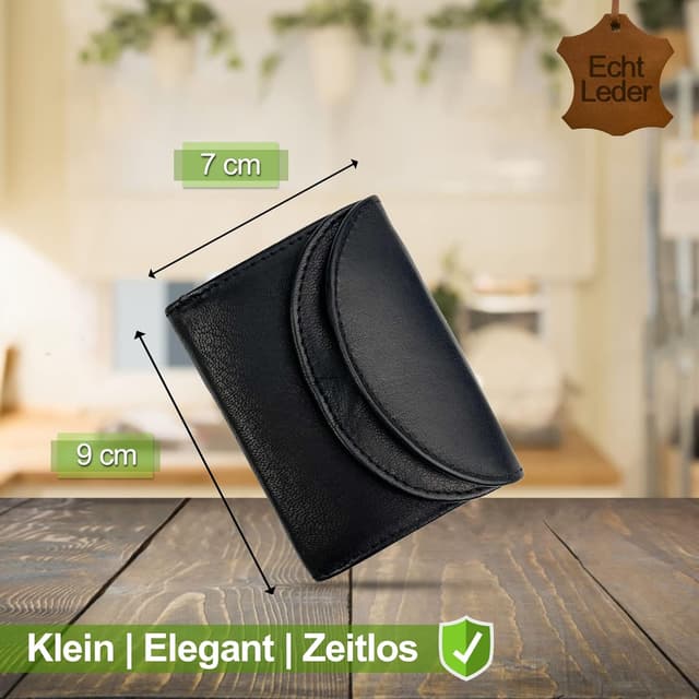 Detalle de FLEXIBILITE® kleines Portemonnaie Damen aus echtem Leder mit RFID-Schutz – Mini-Geldbörse 9 x 7 x 2 cm, Schwarz