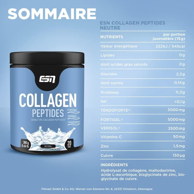 Detalle de ESN Collagen Peptides Neutre 300 g (hydrolysat de collagène) avec vitamine C, zinc et cuivre