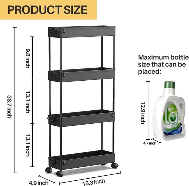 Detalle de SPACEKEEPER Slim Rolling Storage Cart (4-Tier) — Mobile Bathroom Organizer for Narrow Spaces