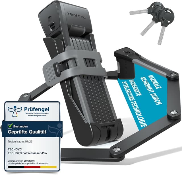 Detalle de TECHCYC Faltschloss für Fahrräder mit 3 Schlüsseln, gehärteter Carbonstahl & Halterung (120 cm)