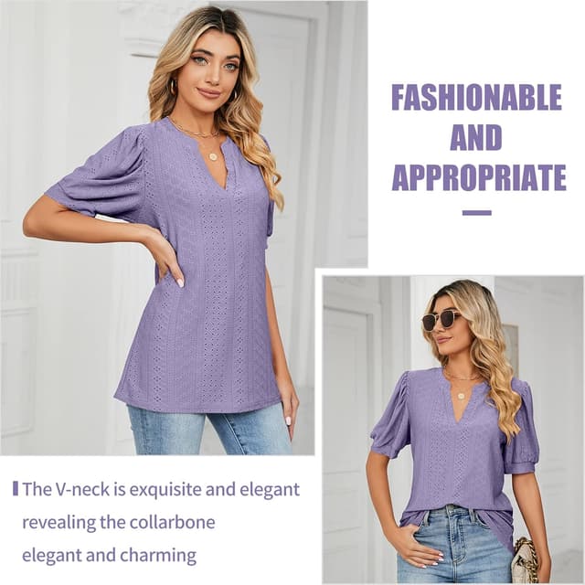 Detalle 2 de EDOTON Donna maglietta con scollo a V e maniche a vescica, camicetta casual in poliestere (taglie S–XXL)