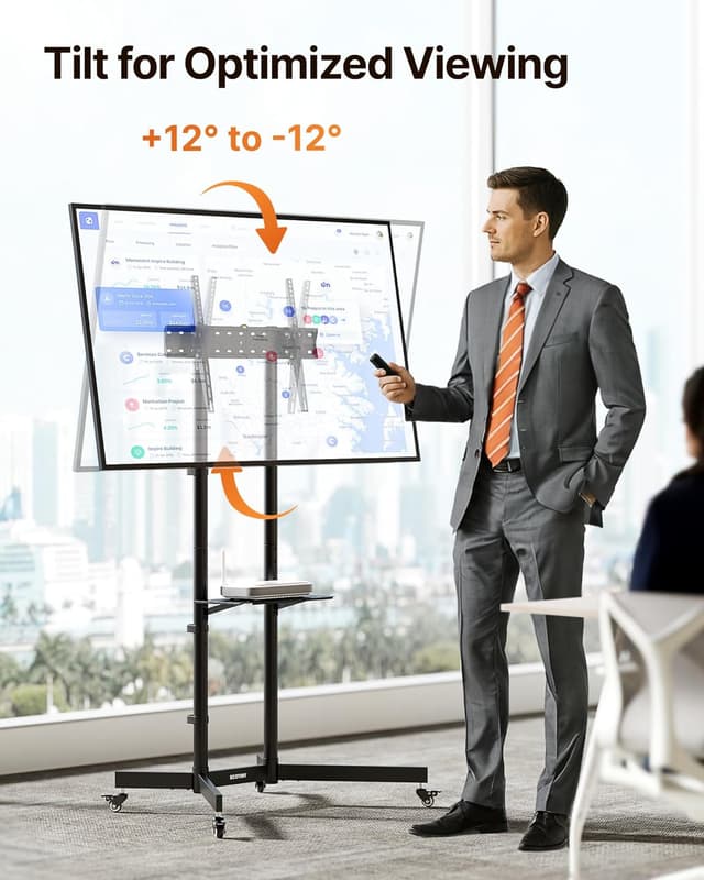 Detalle de ECOTINY Rolling TV Stand for 32–85" with 70 kg load capacity, tilt and locking wheels (Black)