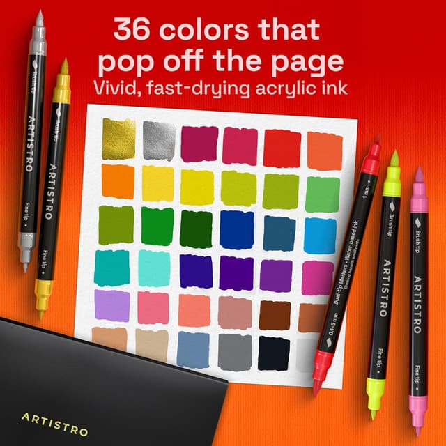 Detalle de Artistro ARTISTRO 36 Acrylic Paint Markers (Dual-Tip Brush + Fine) for Fabric, Glass, Wood & DIY