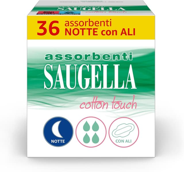Detalle de Saugella Assorbenti Cotton Touch Notte con ali, 36 assorbenti cotone (azione antibatterica, antiodore)
