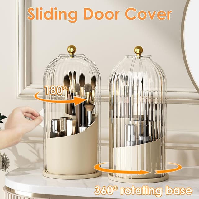 Detalle 2 de YOOLENS 360 Rotating Makeup Brush Holder with Lid (Sliding Door, Dustproof Sections) — White Beige