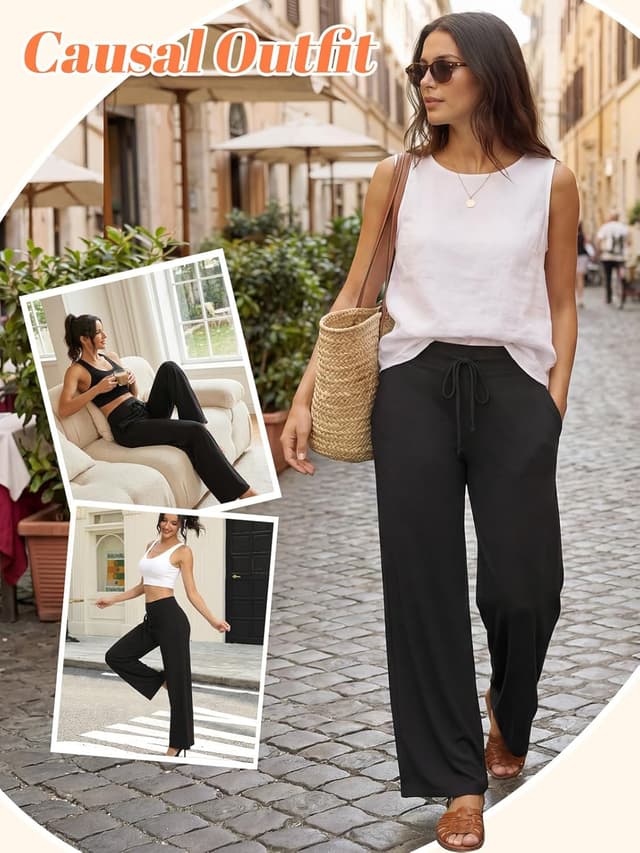 Detalle 2 de DDOBB women’s wide-leg yoga pants with pockets, high waist stretch and tummy control