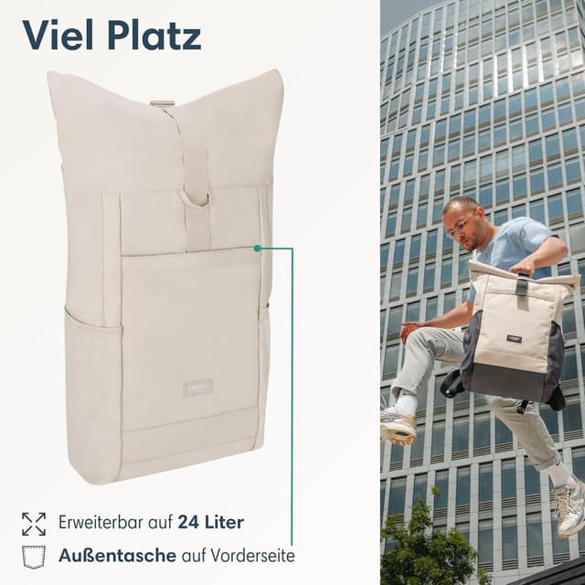 Detalle de LARKSON Rolltop Rucksack Damen Groß Beige – No 2 Daypack für Schule, Uni & Fahrrad mit 16-Zoll-Laptopfach