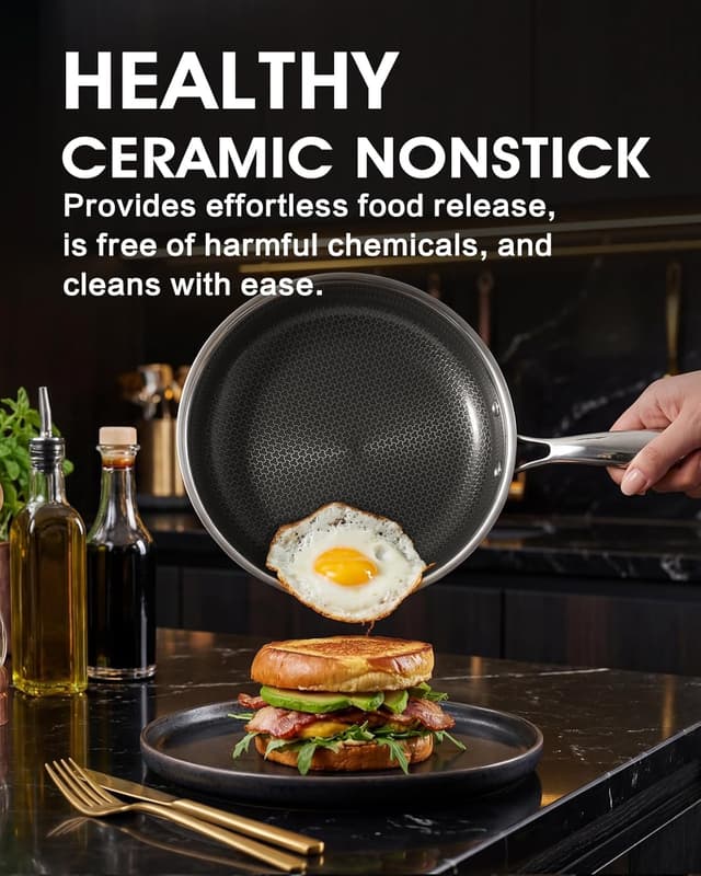 Detalle de Non Stick Frying Pans Set (8, 10, and 12 Inch) 6-Piece with Tempered Glass Lids, Stay-Cooling Handles