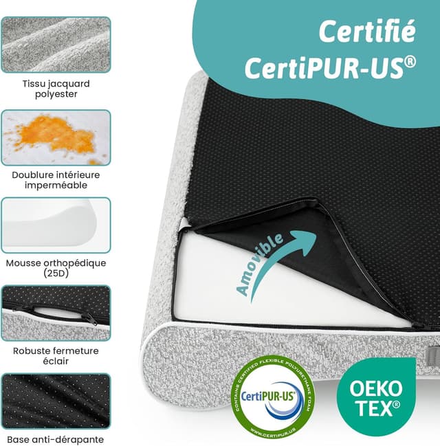 Detalle de COZY KISS Panier Chien XL Orthopédique 130x90x20 cm avec bords surélevés, coussin lavable gris