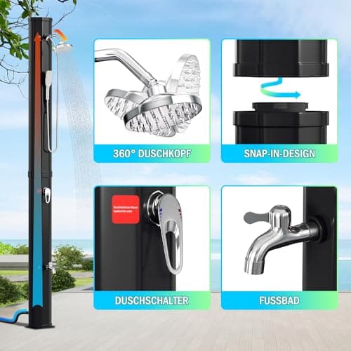 Detalle de Vigevee ducha solar de jardín 40 l (hasta 60 °C) sin conexión eléctrica, con cabezal de lluvia giratorio