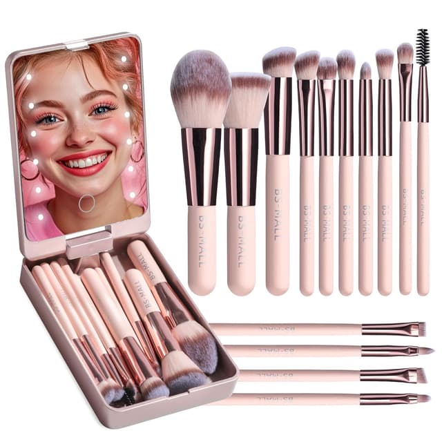 Detalle de BS-MALL 14-Piece Mini Makeup Brushes Set with LED Light Mirror (APINK)