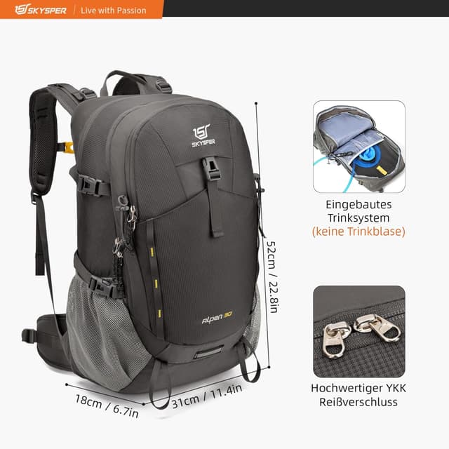 Detalle 2 de SKYSPER Wanderrucksack 30L – Trekkingrucksack wasserfest mit Rückenbelüftung, Hüftgurt und Netzrücken
