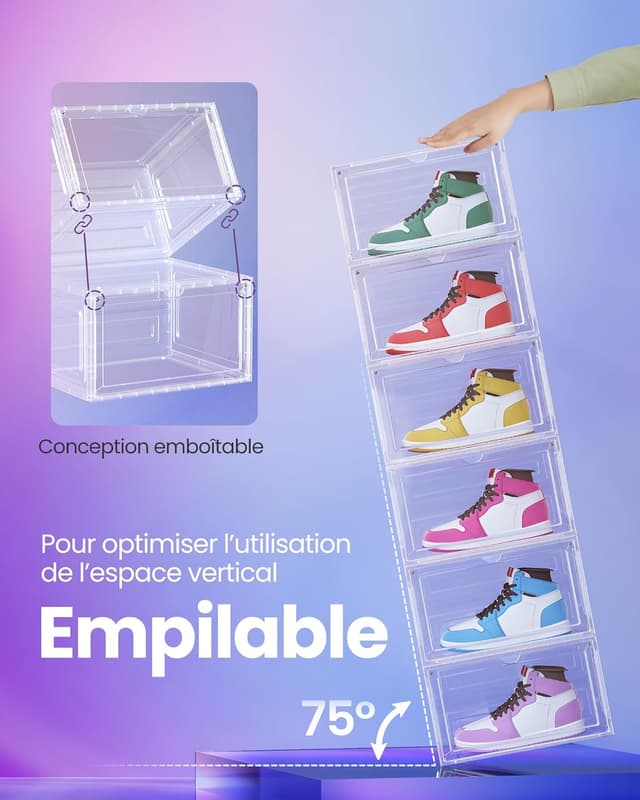Detalle 2 de SONGMICS Lot de 6 boîtes à chaussures transparentes avec porte LSP506W01 (jusqu’à la pointure 46)