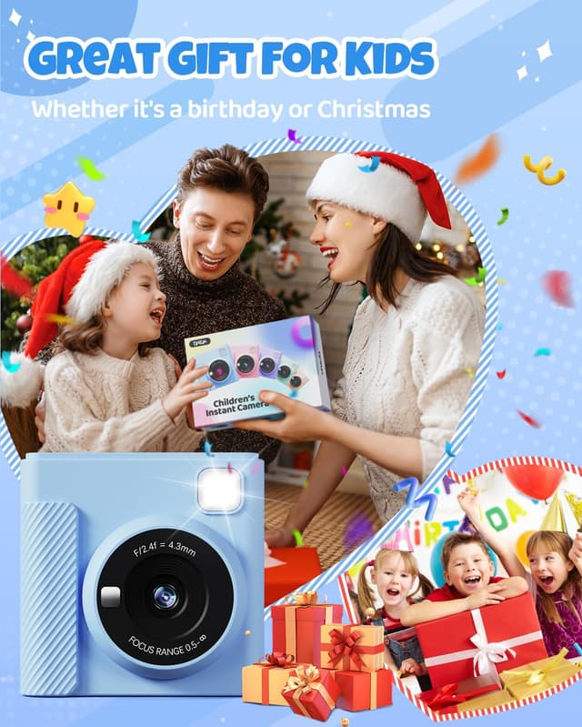Detalle de TIATUA Kids Instant Print Camera (Blue) — 1080P HD Video, 32GB Card, Print Paper & Fun Accessories