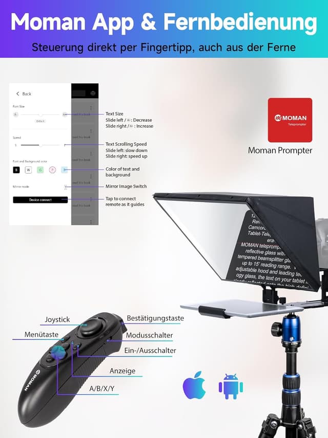 Detalle 2 de Moman MT16 Teleprompter (16 Zoll) – für iPad/Tablet/Smartphone mit App & Fernbedienung